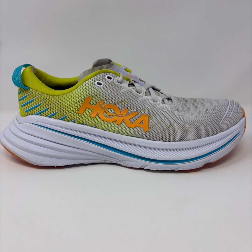 Hoka Bondi X Mens Size 8.5 White Yellow Athletic Running Shoes (1113512 WEPR)